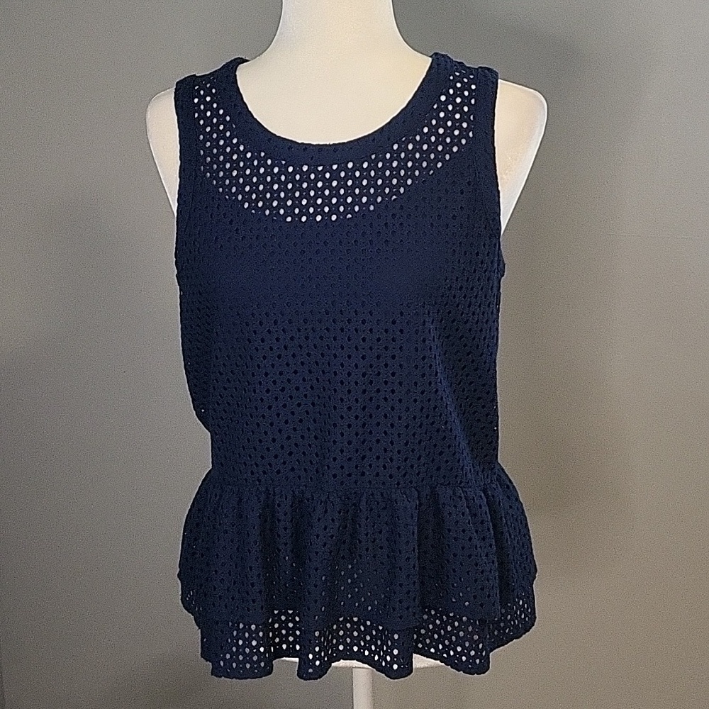 a.n.a Navy Blue Lined Open Weave Pullover Peplum Top - Size S